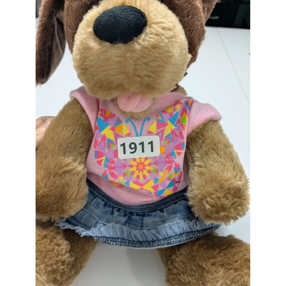 Stuffed Animal Build-A-Bear Brown Pink Butterfly Top Denim Skirt Plush Dog